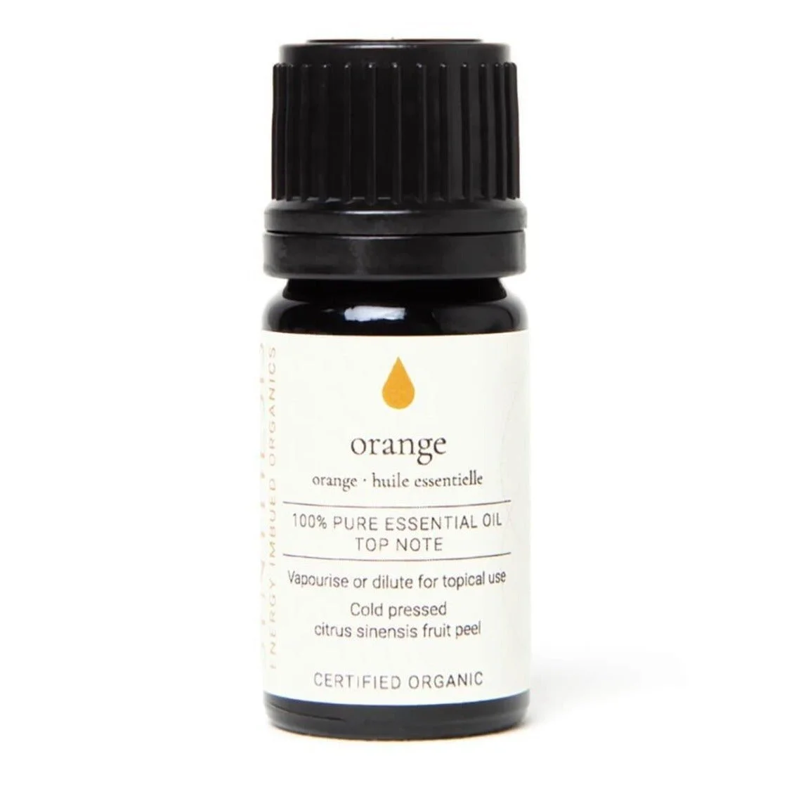Sweet orange organic essential oil, dark glass bottle on white