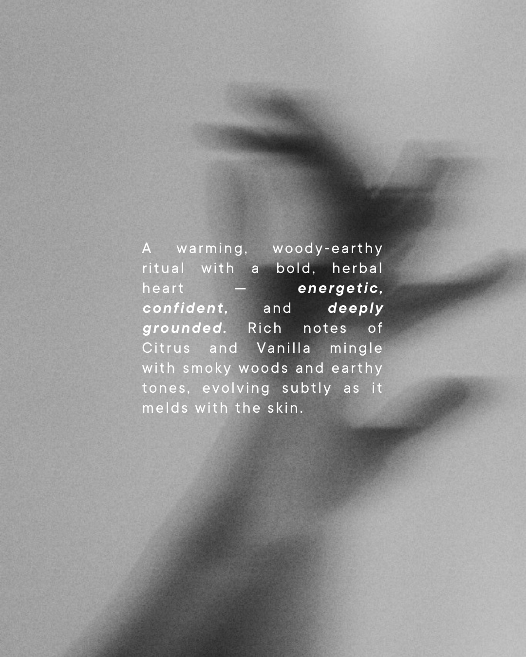 Evolve perfume elixir scent description text over a blurred hand