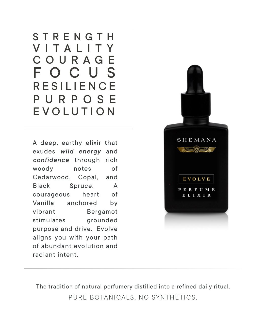 Evolve perfume elixir bottle with scent description text
