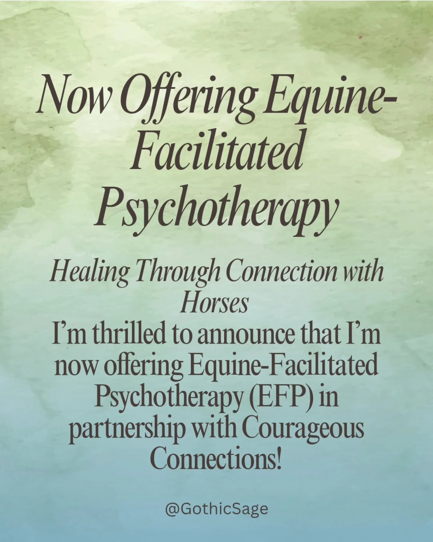 🐴 Now Offering Equine-Facilitated Psychotherapy! 🌿

Healing doesn&rsquo;t just happen in an office&mdash;sometimes, it happens in the presence of a horse.

I&rsquo;m excited to share that I am now offering Equine-Facilitated Psychotherapy (EFP) in 