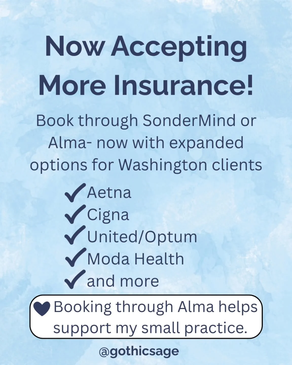 🌿 New Partnership Alert! 🌿

I'm thrilled to announce that I&rsquo;ve officially partnered with SonderMind to help more clients across Washington access therapy with in-network benefits!

Through SonderMind, I now accept:

✔️ Aetna
✔️ Cigna
✔️ Unite