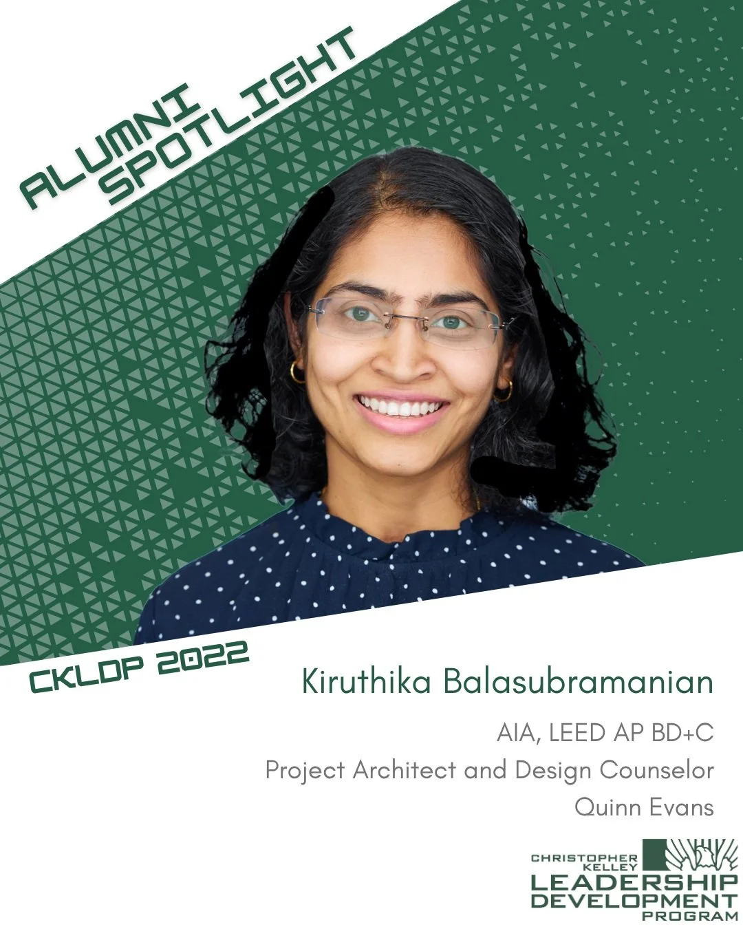 CKLDP Alumni Spotlight: Kiruthika Balasubramanian

Kiruthika Balasubramanian, AIA, LEED AP BD+C, is a licensed Project Architect and Design Counselor in Quinn Evans' Washington, D.C., office. Her experience at Quinn Evans has deepened her appreciatio