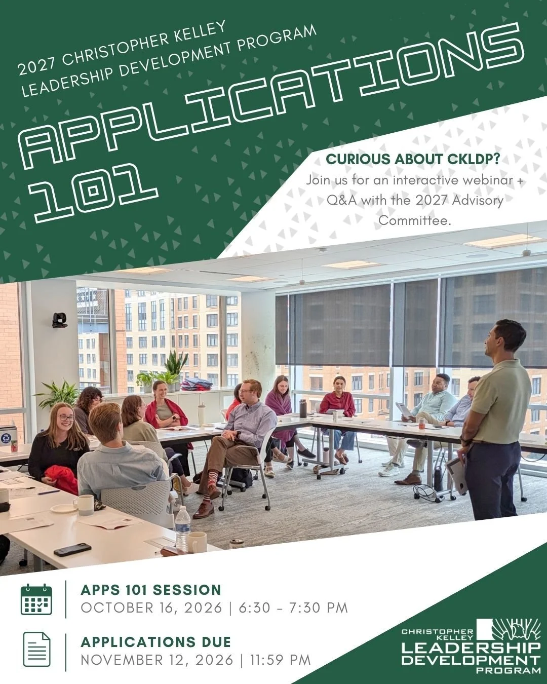 Thinking about applying to CKLDP 2027?

Join us on October 16 from 6:30&ndash;7:30 PM for Applications 101 to learn about CKLDP, get an overview of the application process, and have your questions answered by the Advisory Committee.

Register here: h