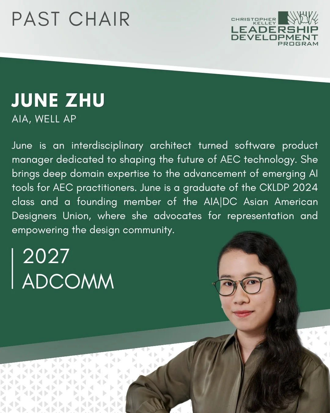 Meet our 2027 Advisory Committee! ✨
Past Chair: June Zhu

June is an interdisciplinary architect turned software product manager dedicated to shaping the future of AEC technology. She brings deep domain expertise to the advancement of emerging AI too