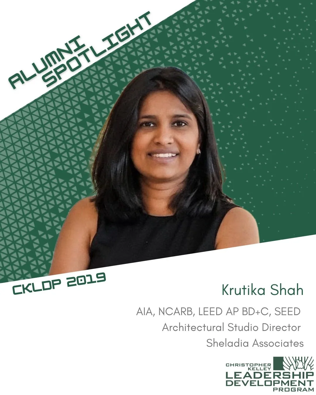 CKLDP Alumni Spotlight: Krutika Shah

Krutika Shah, AIA, NCARB, LEED AP BD+C, SEED, COA is an Architectural Studio Director at Sheladia Associates in Rockville, Maryland, where she leads multidisciplinary teams delivering civic projects across the Un