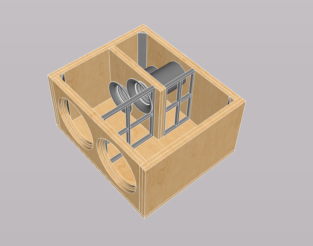 3D model of a washing machine's interior with drum, wooden frame, and metal supports.