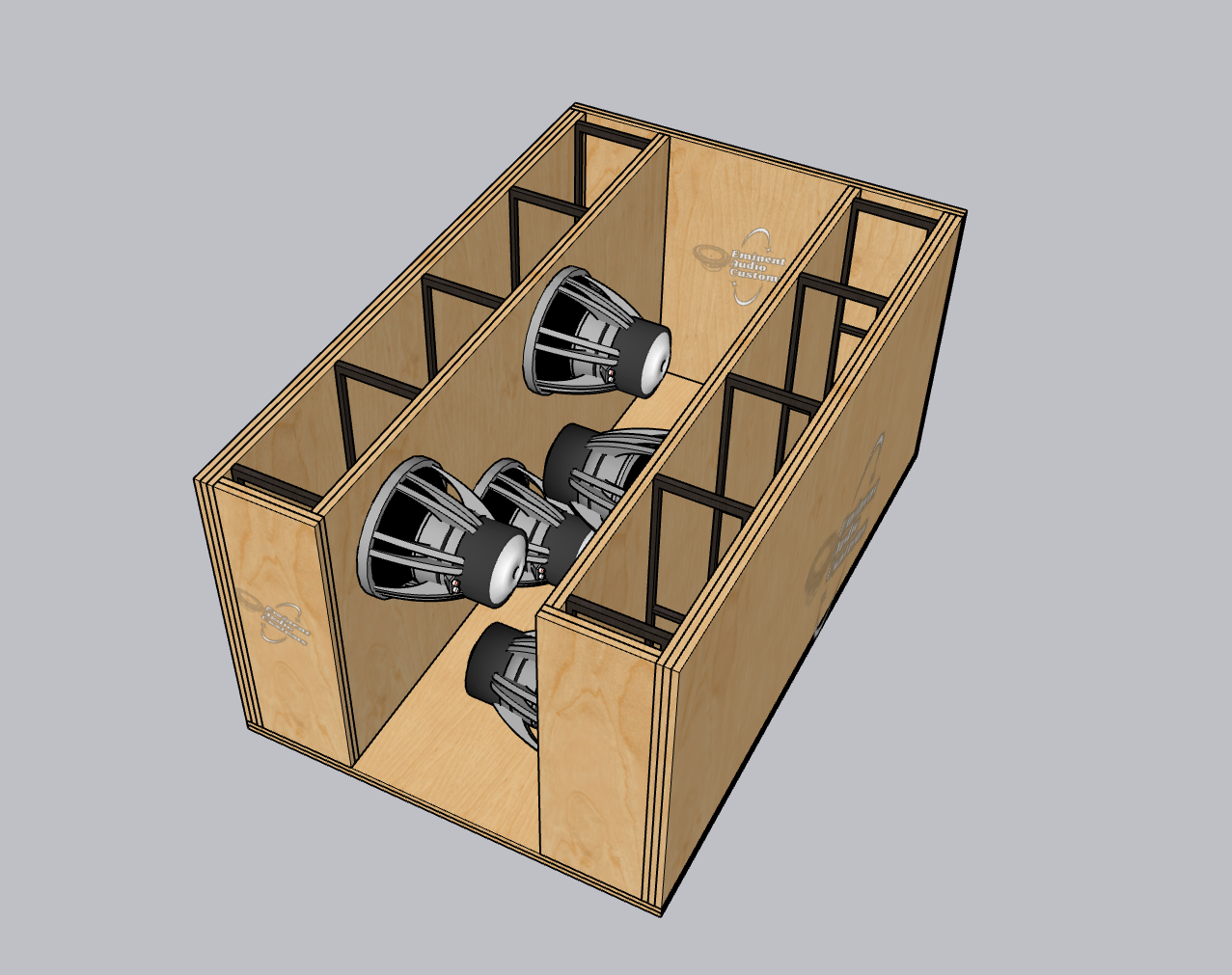 3D model of a wooden speaker enclosure with multiple speakers and internal dividers.