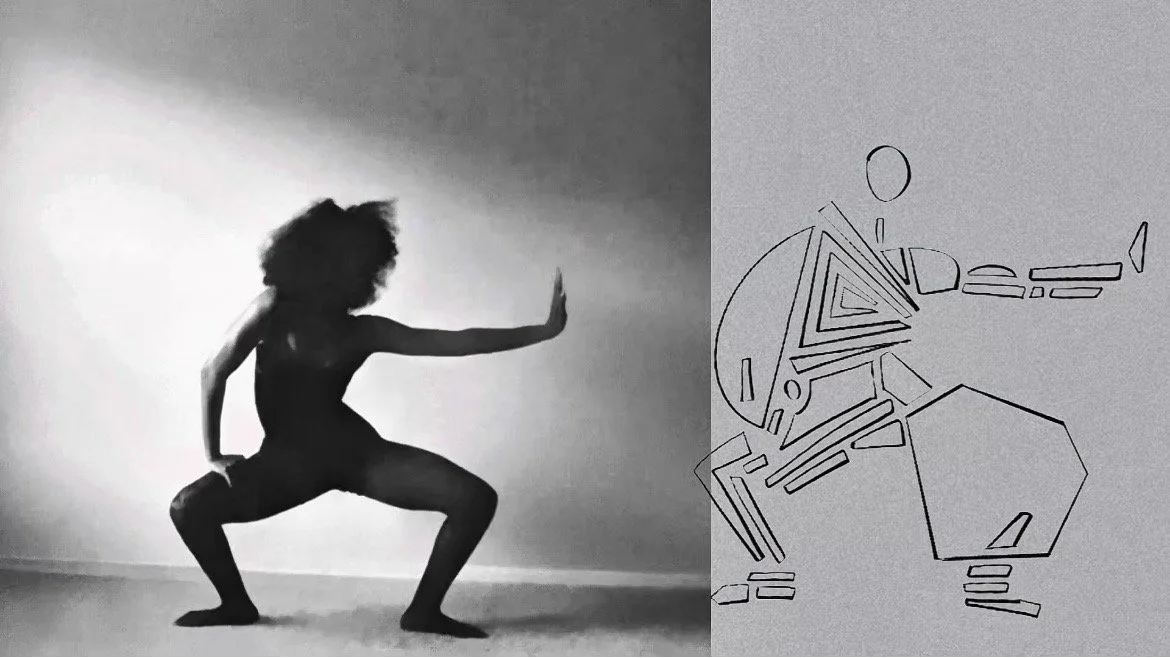 A silhouette of a woman in a dynamic dance pose on the left side and an abstract line drawing of a human figure on the right side.