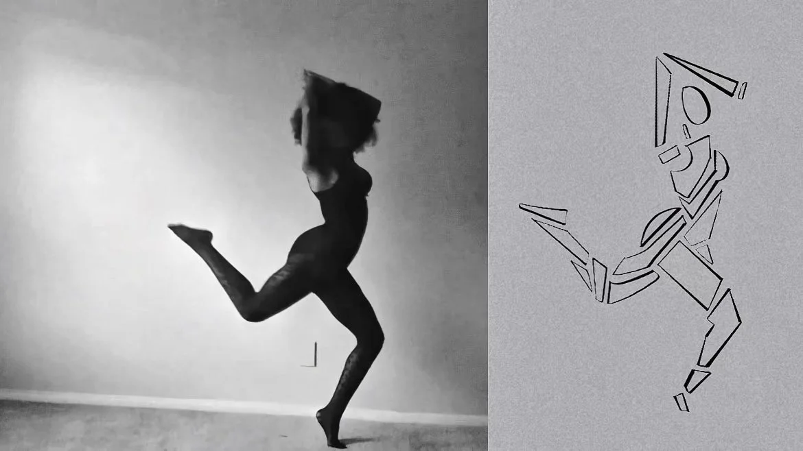 A silhouette of a person jumping with a large cardboard box on their head, standing on one leg with the other leg bent upward, next to an abstract line drawing of a person in a similar jumping pose.