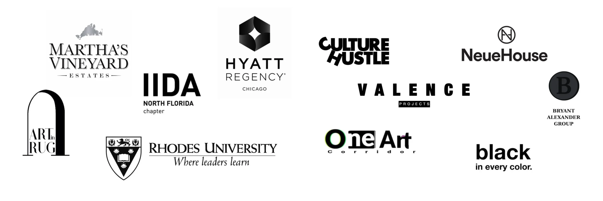 A collage of various logos and text, each representing different brands, organizations, or projects. Some logos include Martha's Vineyard Estates, Hyatt Regency Chicago, Culture Hustle, NeueHouse, Rhodes University, and others. The design is primarily black and white with different font styles and sizes.