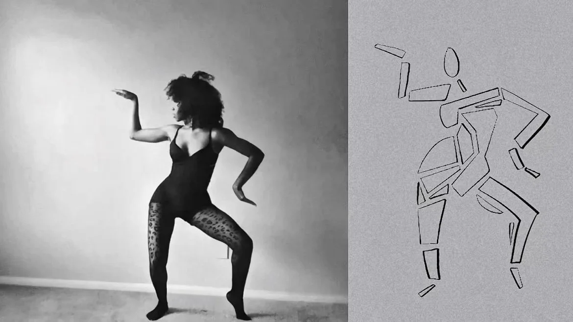 A woman with curly hair dancing or posing in a black tank top and leopard-print leggings, with a plain gray background. On the right, there's a line drawing outline of a dancing figure.