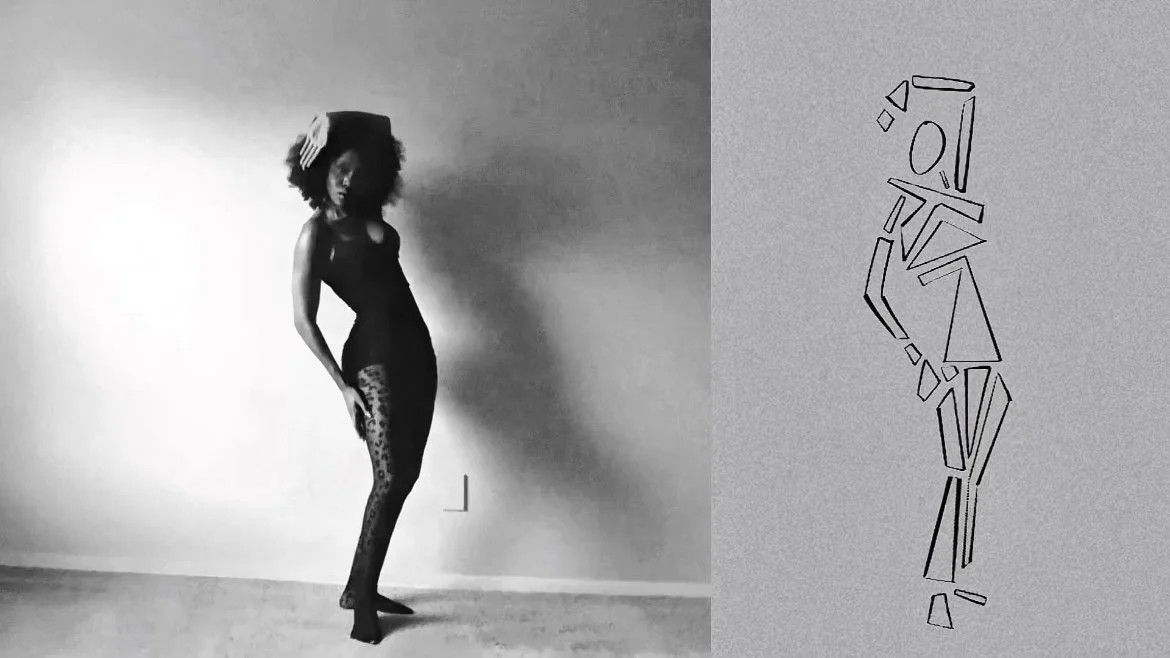 A woman standing against a plain wall, wearing a fitted dress with leopard print tights, posed with one hand on her hip and her hair styled in an Afro with a hair accessory. To the right, an abstract line drawing of a woman's figure in a similar pose.