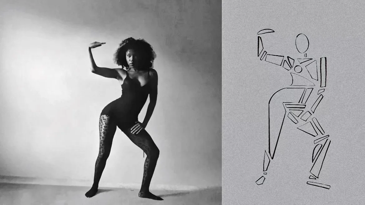 Black and white photo of a woman with curly hair wearing leopard print tights and a black dress, posing with one arm raised and the other on her thigh on a plain background. Next to her is a line drawing of a stylized, abstract human figure in a similar pose.