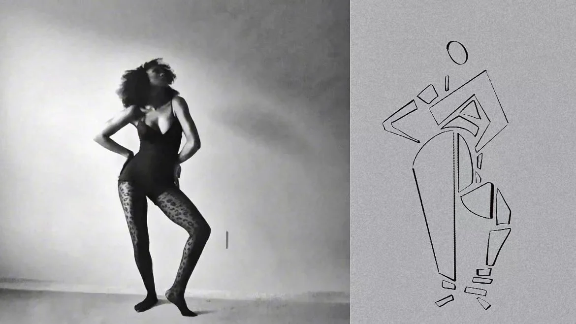 A woman with curly hair in a black outfit and leopard print tights is standing with her hands on her hips against a plain wall, next to an abstract line drawing of a human figure on a gray background.