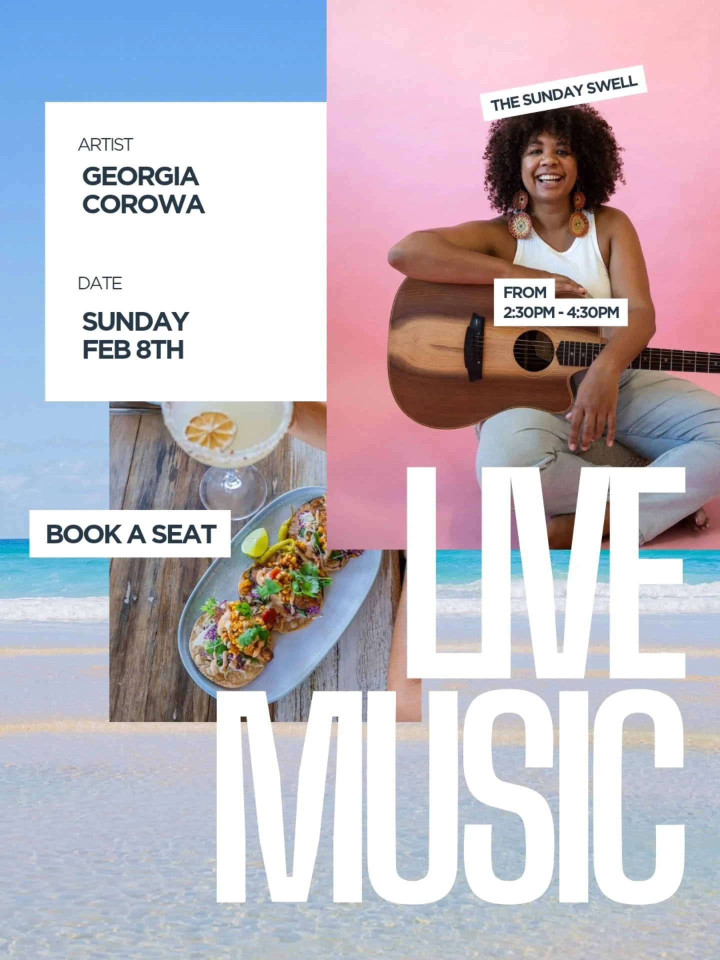 Tacos, tunes, and a Sunday swell. 🌮🎶

​Join us this Sunday as we welcome Georgia Corowa to the stage! 🫶

Whether you&rsquo;re here for the afternoon bites or the live acoustic sets, we&rsquo;ve got your golden hour covered.

​When: Sunday, Feb 8th