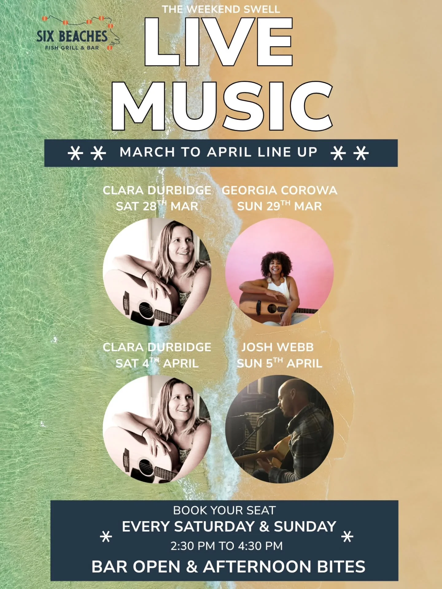 BIG NEWS: The Weekend Swell is growing! 🌊🎸

​You asked, we delivered. Starting next weekend, we&rsquo;re doubling the vibes with Live Music every Saturday AND Sunday!

To celebrate, we&rsquo;re moving to ALL-DAY DINING at Six Beaches over the weeke