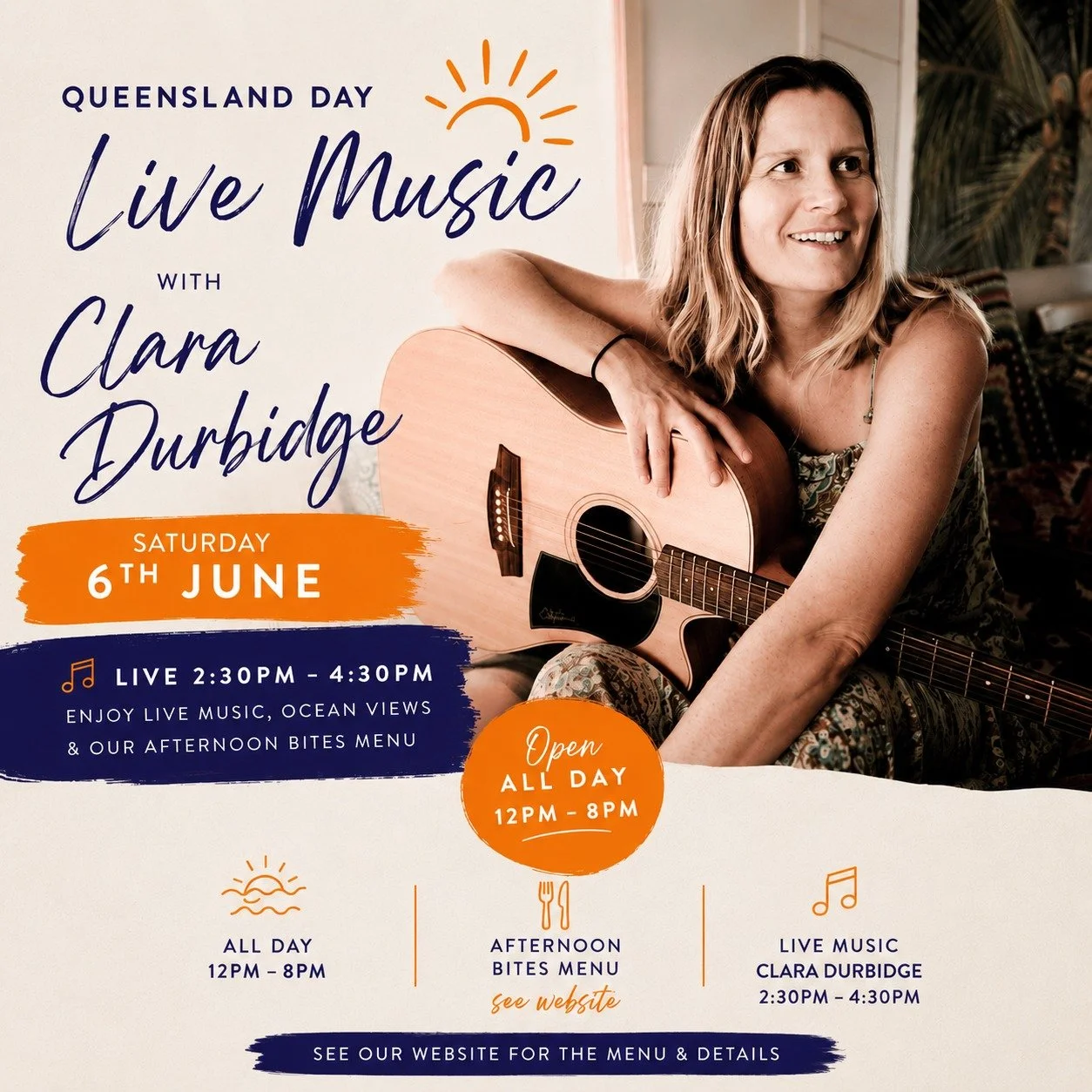 Queensland Day at Six Beaches ☀️

Join us this Saturday, 6th June, for an afternoon of live music with Clara Durbidge from 2:30pm&ndash;4:30pm.

We'll be open as usual from 12pm&ndash;8pm, with our Afternoon Bites menu available throughout the aftern