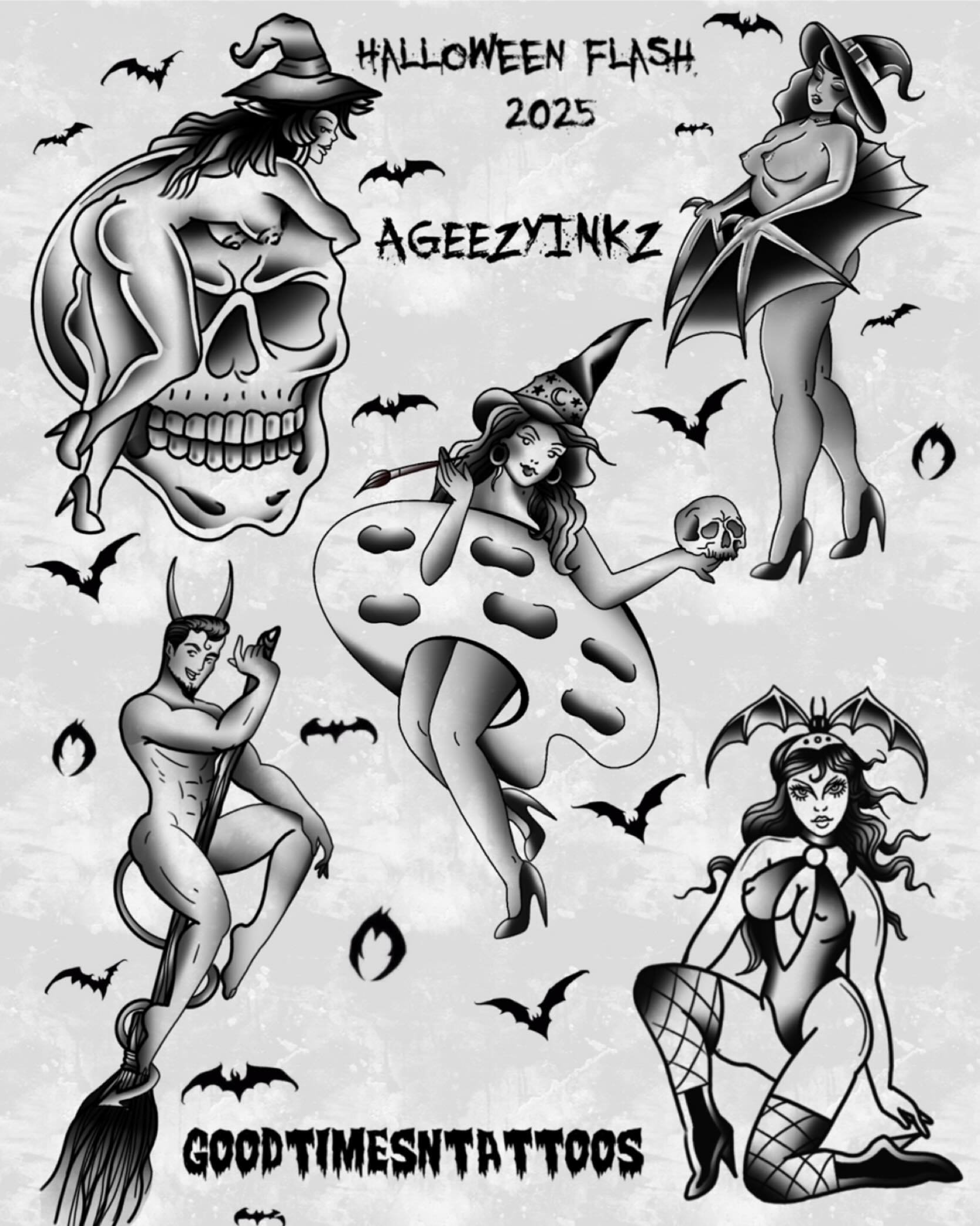 🦇💀 SPOOKY FLASH 💀🦇

THESE FLASH Are available to book for this Saturday 10/26 with slot times available to book! 👀❤️&zwj;🔥 
I had a blast creating these and hope to tattoo them on y&rsquo;all 💫 

 available on our website www.goodtimesntattoos