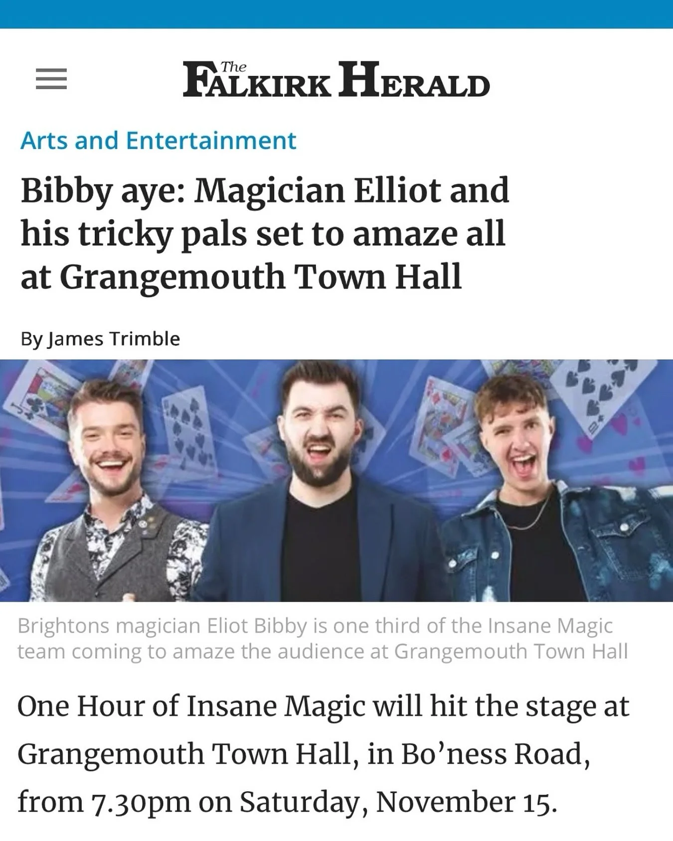 Did you catch the article featuring our @elliotbibbymagic in the @falkirkherald today? 📰

Elliot is originally from Brightons, just down the road from where we&rsquo;re doing our show in Grangemouth later in the year!

👉🏽 Get tickets from the link