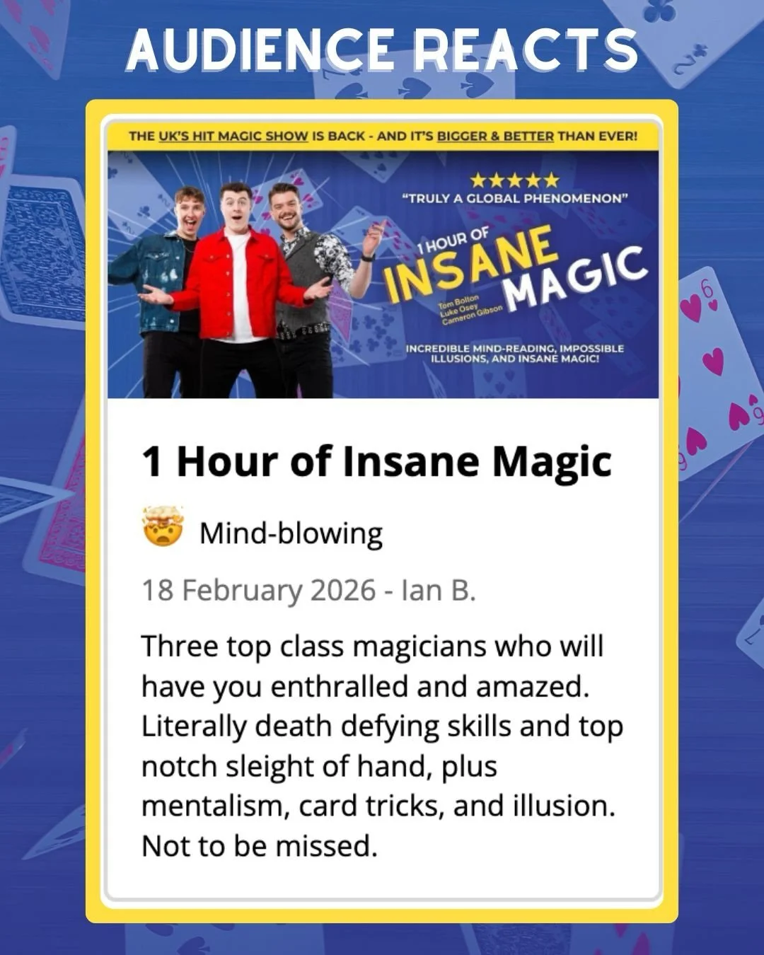 Our first audience reacts on the @adlfringe website are in for our preview shows! 🤩

And insane magic is a certified hit! 🔥

Thanks to everyone who&rsquo;s left a react - don&rsquo;t forget to if you&rsquo;ve been to see us; we&rsquo;d love to hear