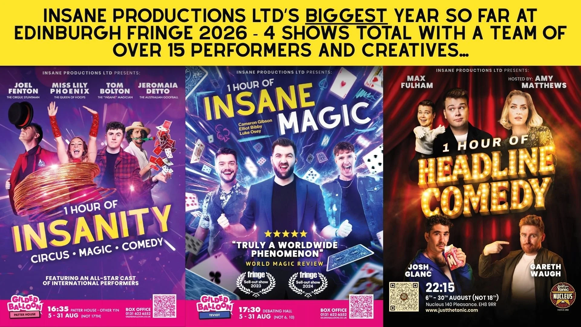 Insane Productions Ltd Announces Its Biggest Edinburgh Fringe Season Ever in 2026