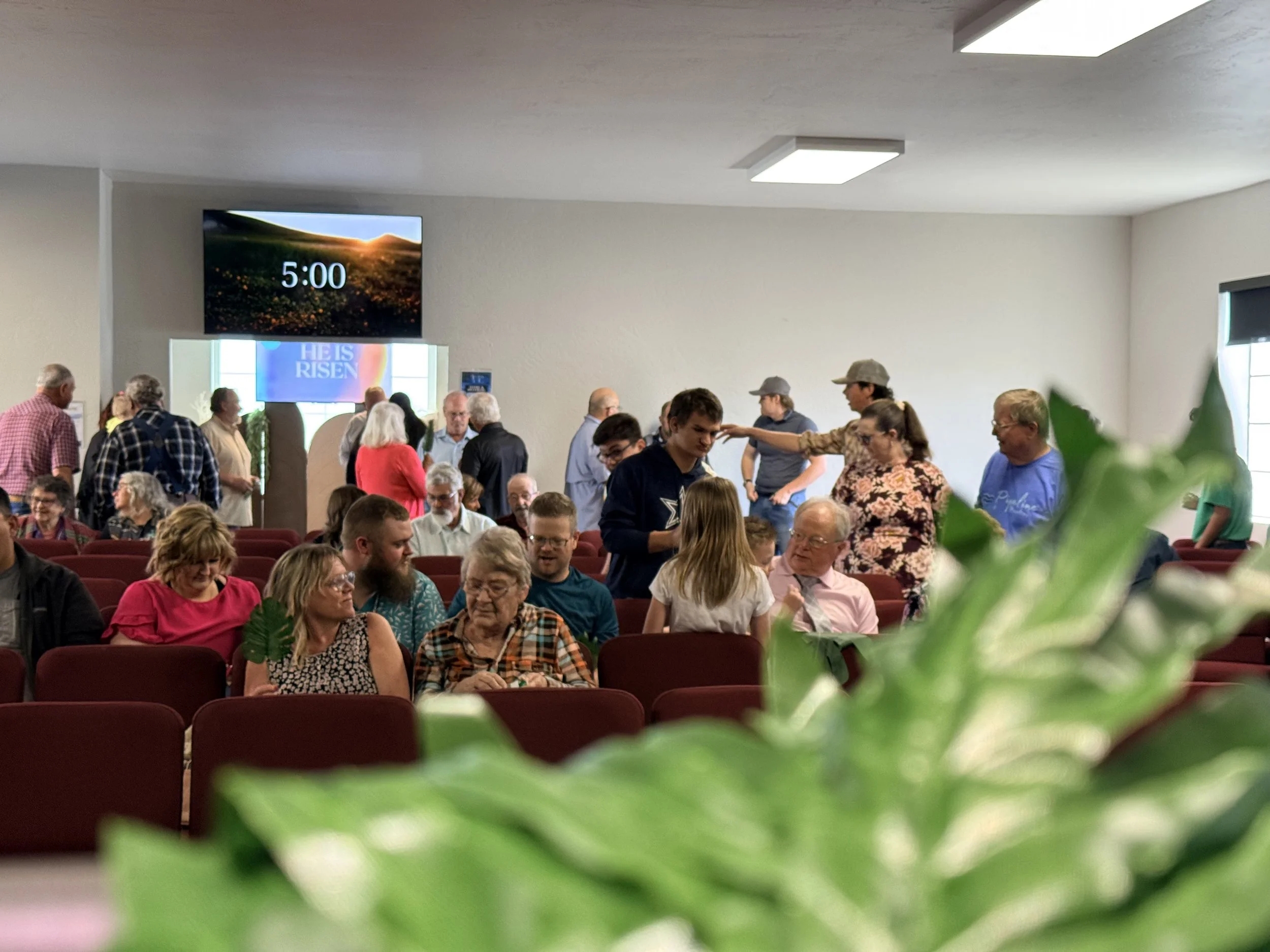 A group of people gathered in a church or auditorium, some sitting in red chairs and others standing or walking around. The room has a large screen on the wall displaying the time 5:00 and a digital sign saying "He is Risen." A leafy plant is prominently in the foreground.