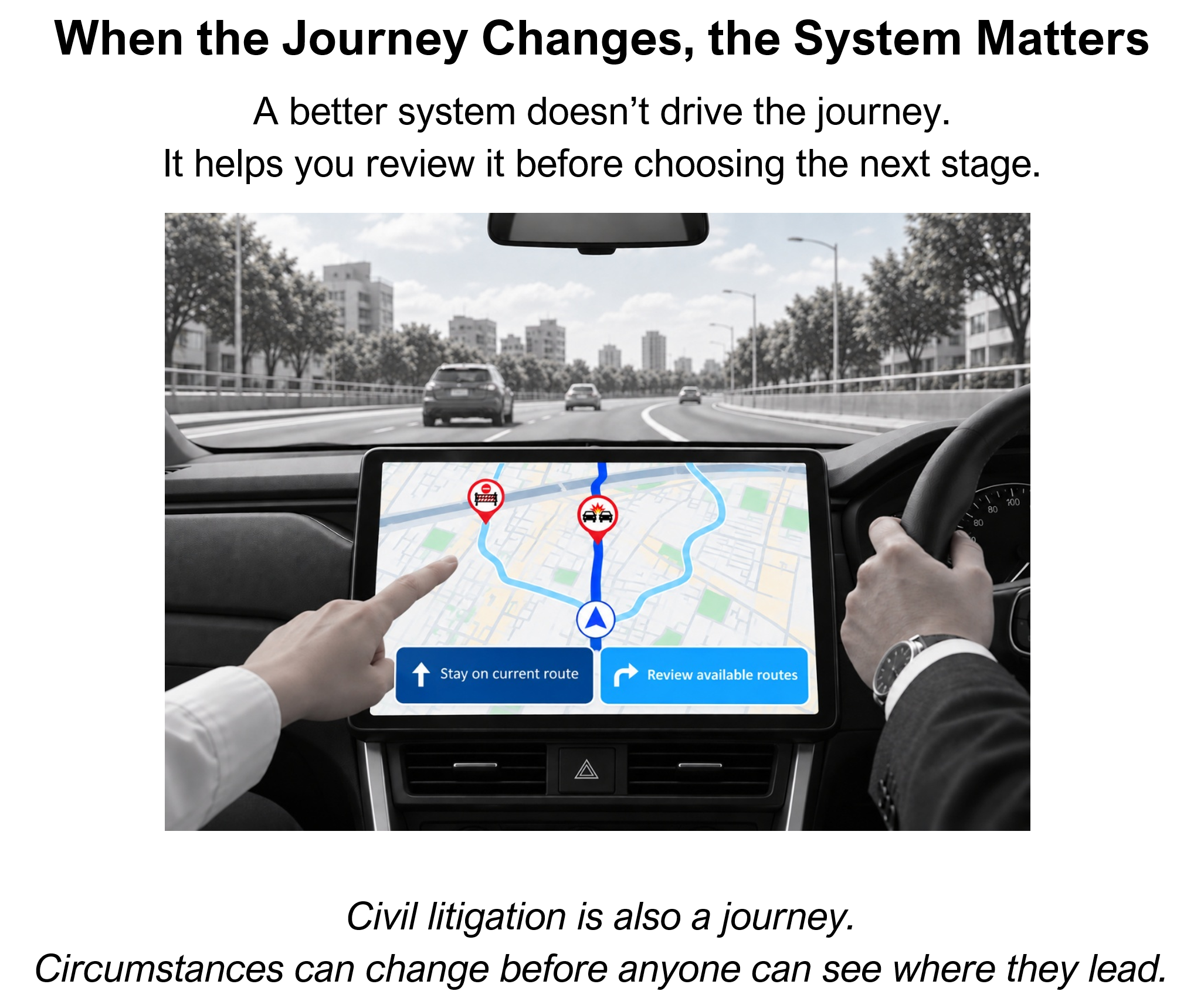 GPS-style decision dashboard comparing two possible dispute paths before the client decides what to do next
