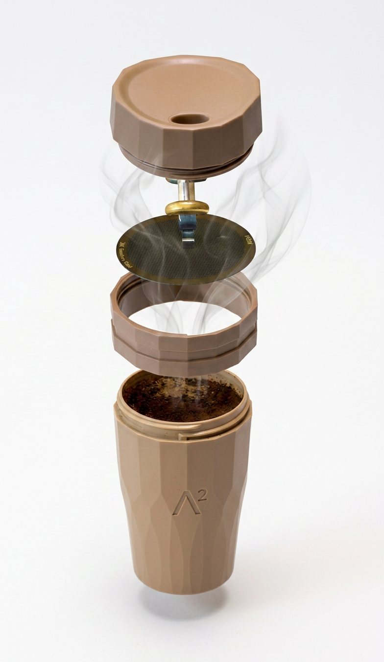 Explosion view of the multi-use coffee mug showing  parts including lid, drinking hole, integrated gasket, mid-section, stainless steel filter, opening mechanism of the drinking hole, and the loophole for the paracord loop.