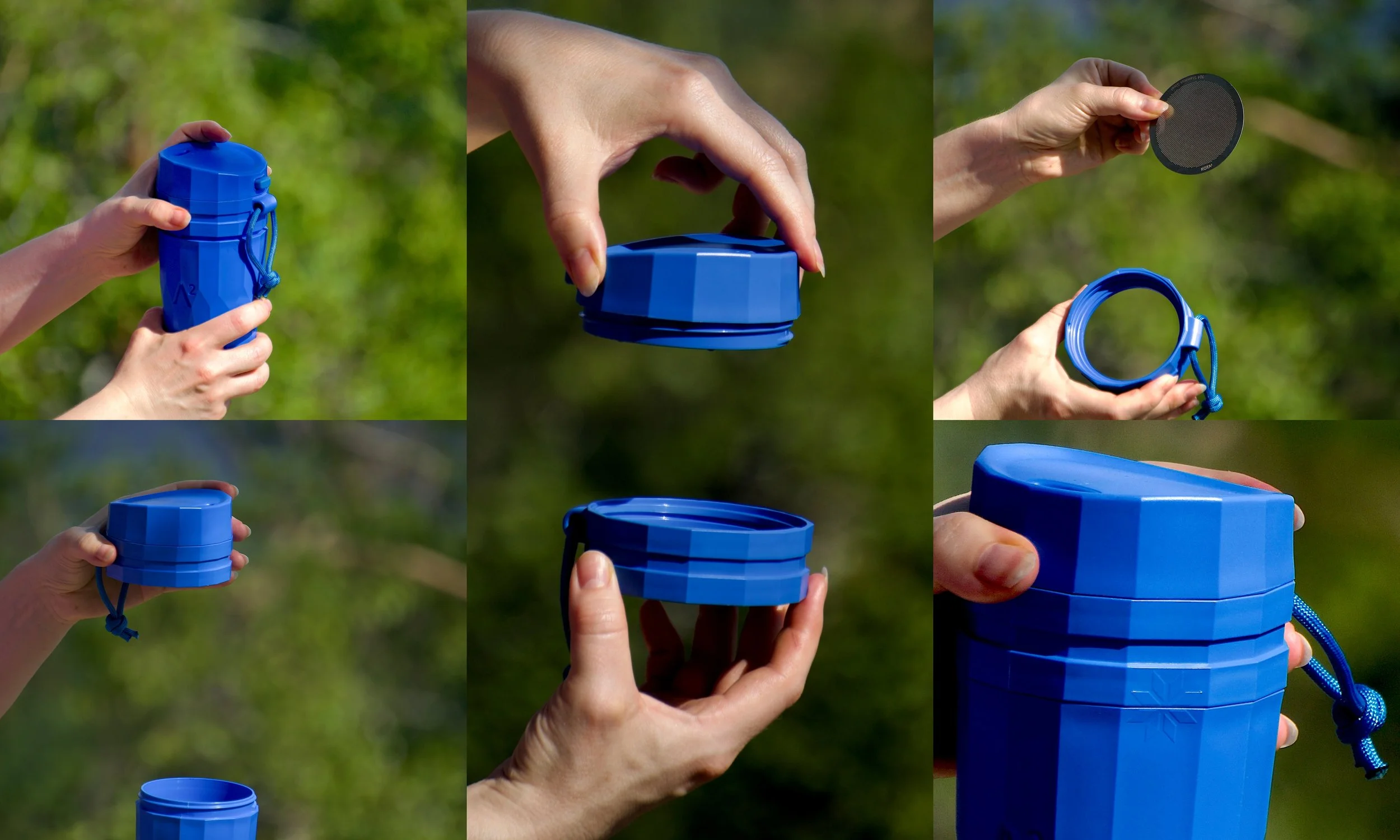 Series of images showing a person holding the multi-use tumbler in different positions outdoors with a blurred green background.