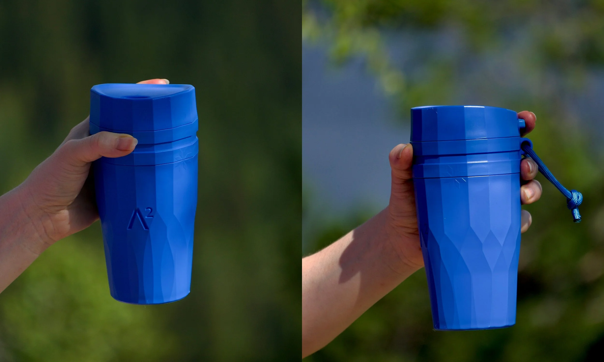 Close-up of a person's hand holding a blue cylindrical object with a lid, outdoors with nature background.