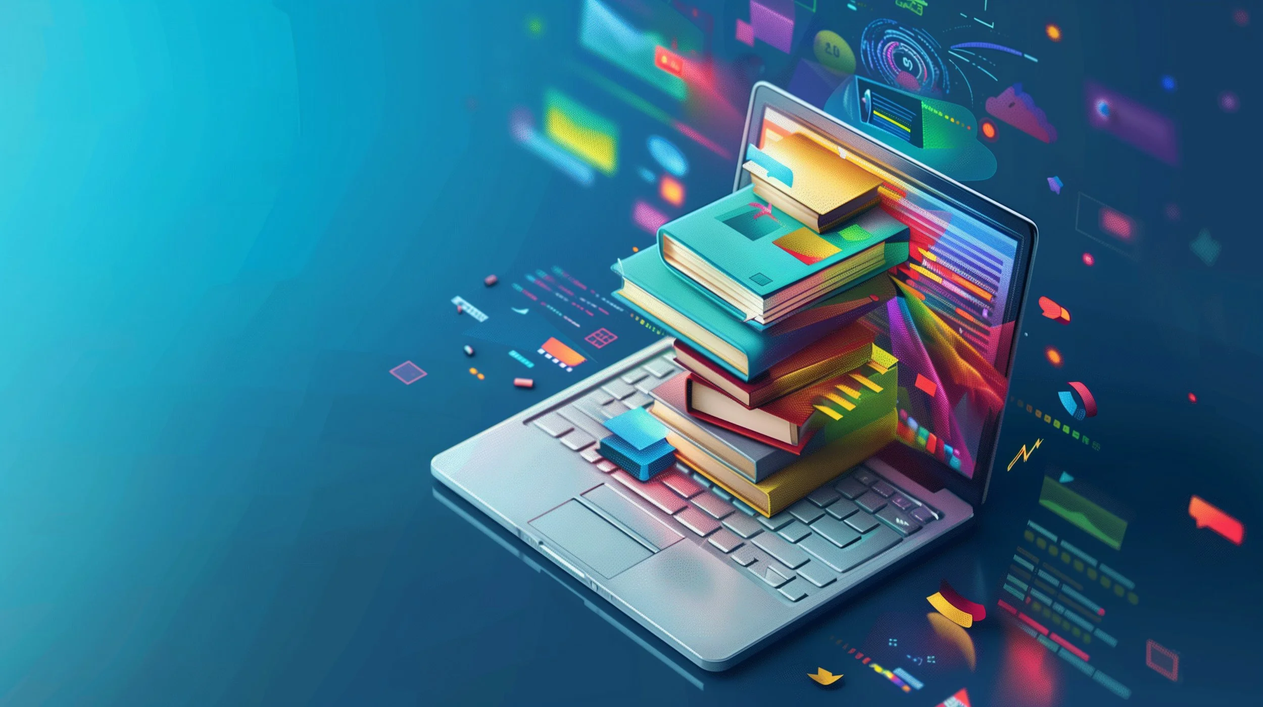 A digital illustration of a laptop with a stack of books on its keyboard, surrounded by colorful digital data icons and charts, representing online learning and digital knowledge.