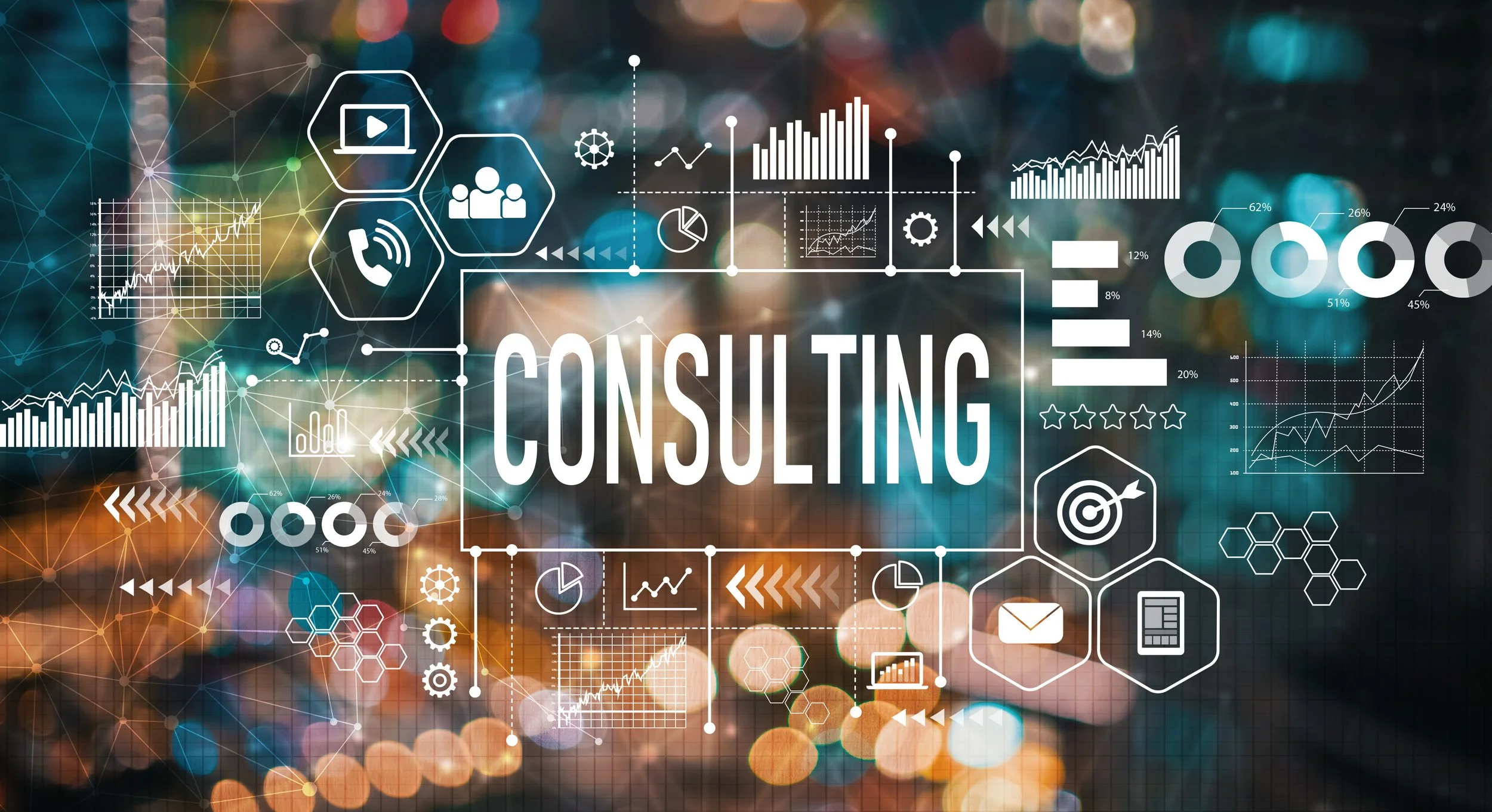 Digital graphic with the word 'Consulting' in the center surrounded by various icons and charts illustrating data analysis, graphs, and communication tools.