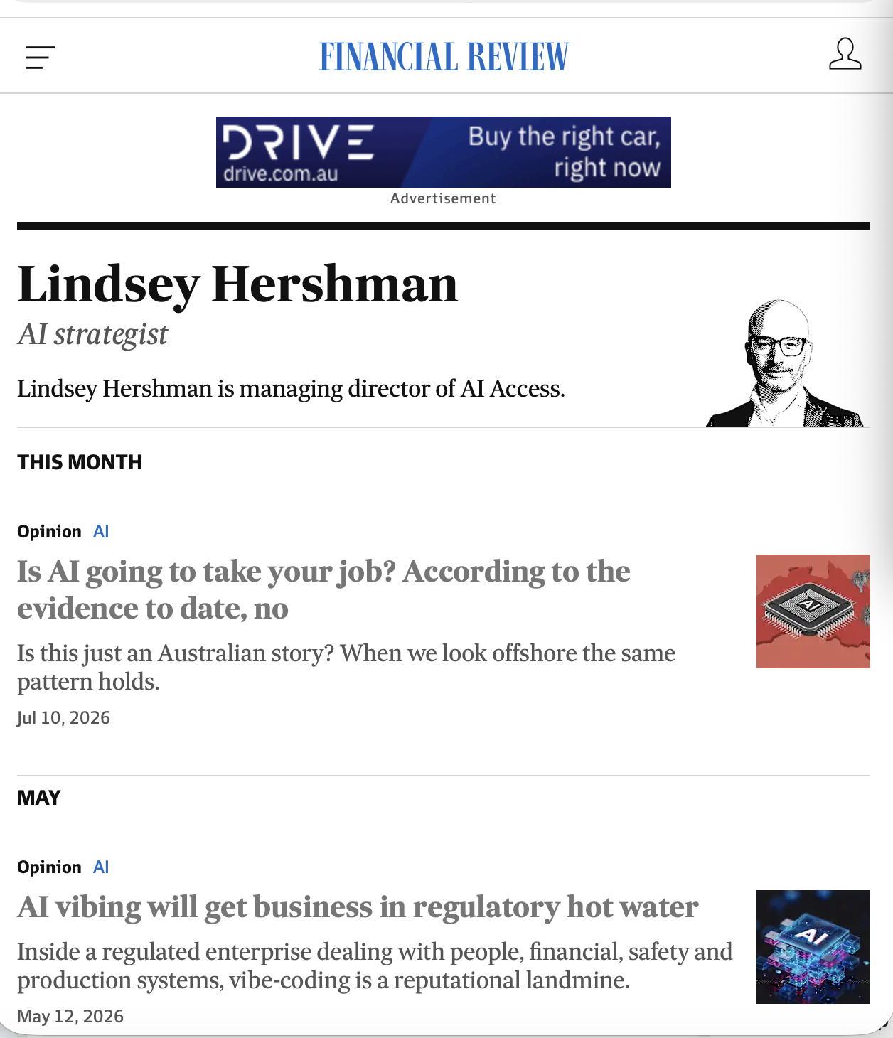 AI Access digital news articles from the Australian Financial Review featuring Lindsey Hershman, AI Access Managing Director.