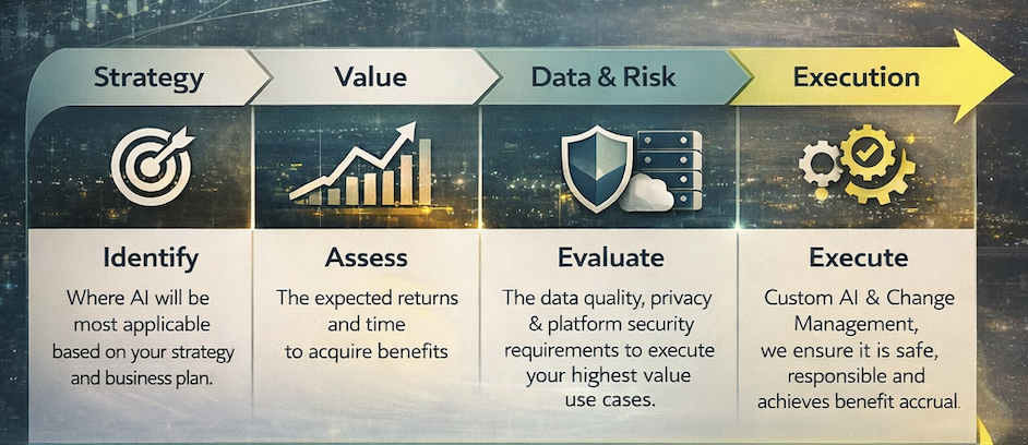 AI Access Definition approach: Strategy, Value, Data & Risk, and Execution. Confidently execute AI Transformation from planning to implementation.