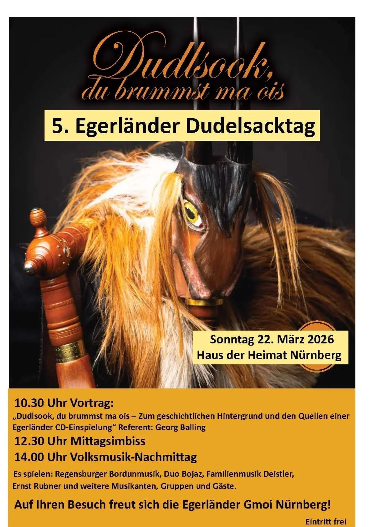 Herzliche Einladung zum 5. Egerländer Dudelsacktag "Dudlsook, du brummst ma ois"