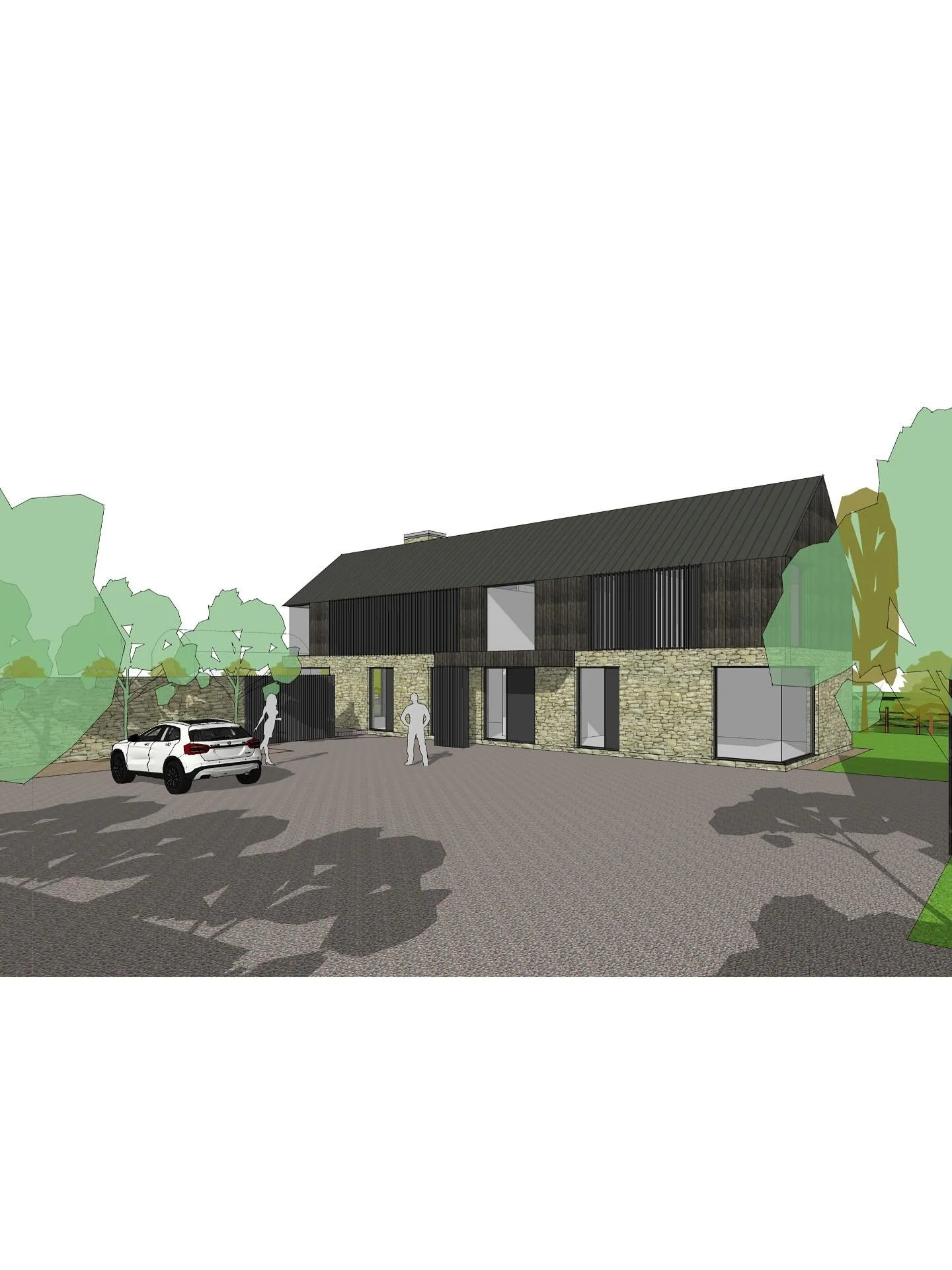 Sketch design proposal on our current replacement dwelling project in County Armagh. 

The proposal creates a new courtyard at the front of the house while maximizing the south facing orientation of the dwelling allowing natural daylight into the kit