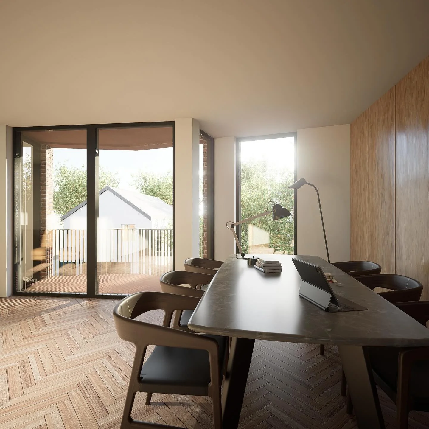 Interior development images on our current commercial project. Testing out a dark material palette with a herringbone flooring effect and light oak wall panels with a shadow gap profile. 

.
.
.
#Architecture #ArchitectsLife #ArchitecturalDesign #Arc