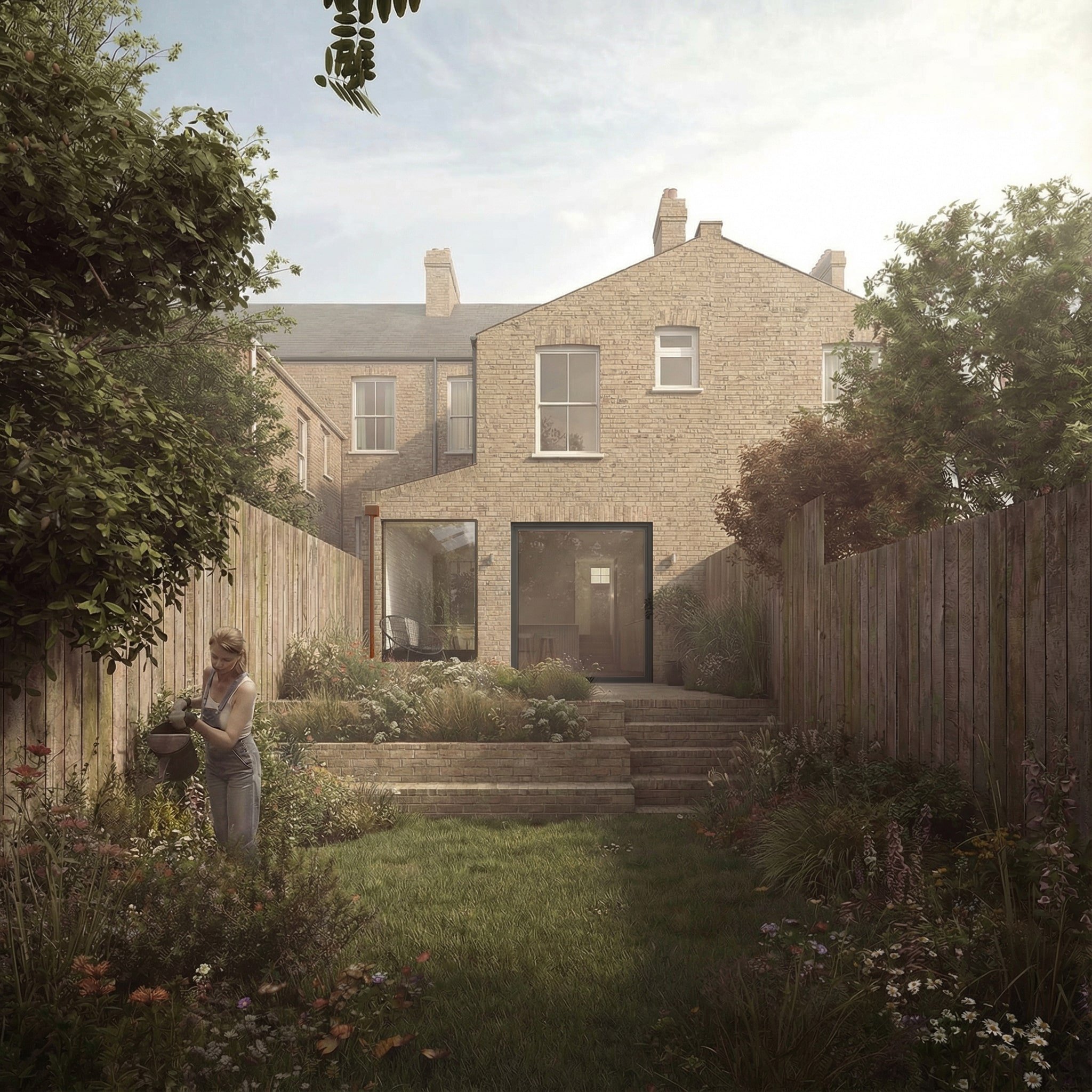 A woman watering plants in a backyard garden with a multi-story brick house in the background. The house has large windows and sliding glass doors leading to a patio. The garden is bordered by a wooden fence and has lush greenery and flowers.