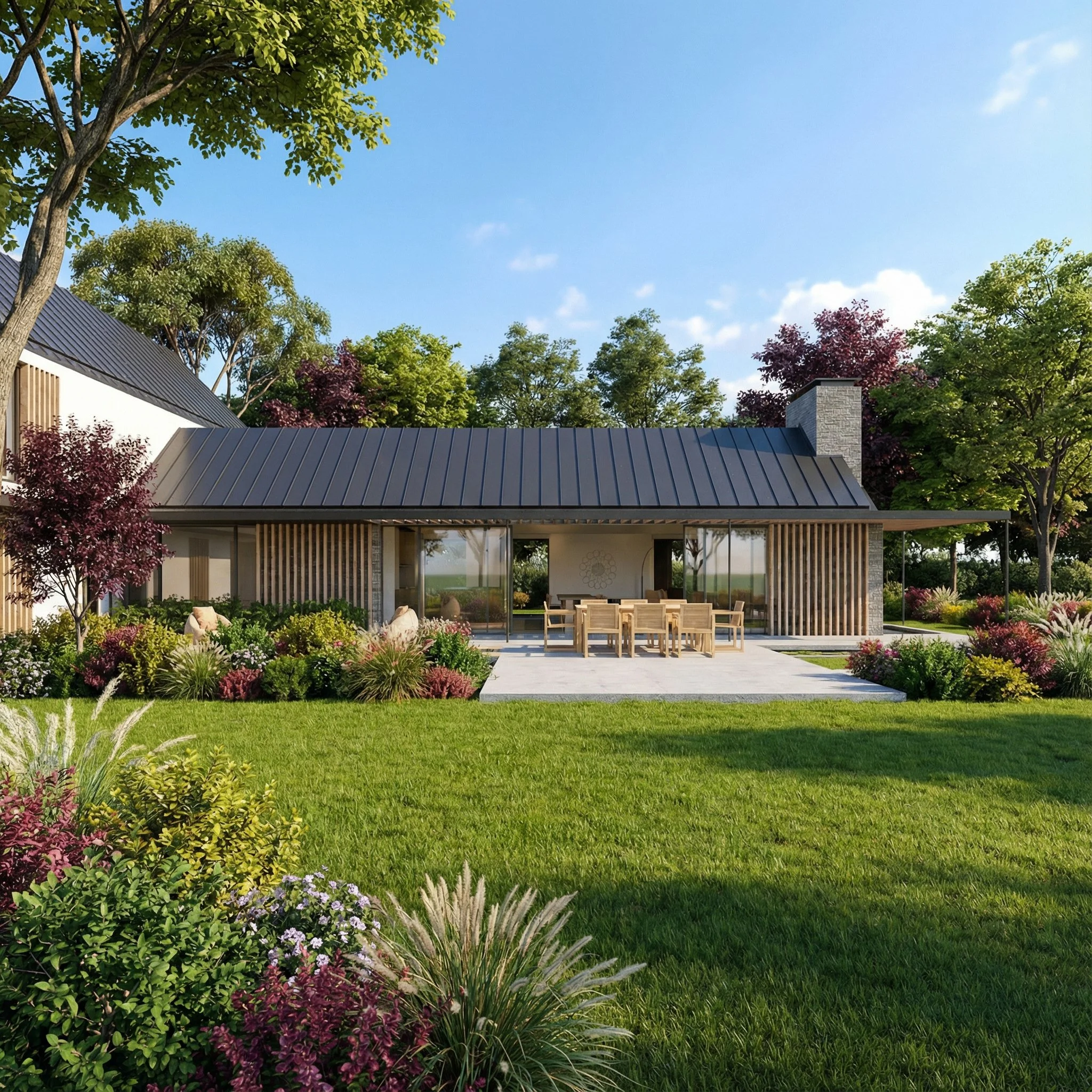 Modern house with a metal roof and a spacious backyard garden, featuring a wooden dining table and chairs on a patio, surrounded by lush greenery and colorful flowers, under a bright blue sky.
