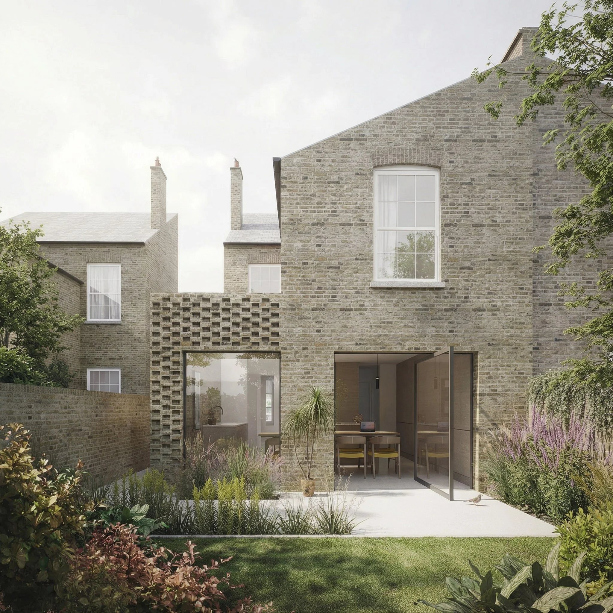 Backyard view of a brick house with large open glass doors, a patio with a small dining area, plants, and a lawn.