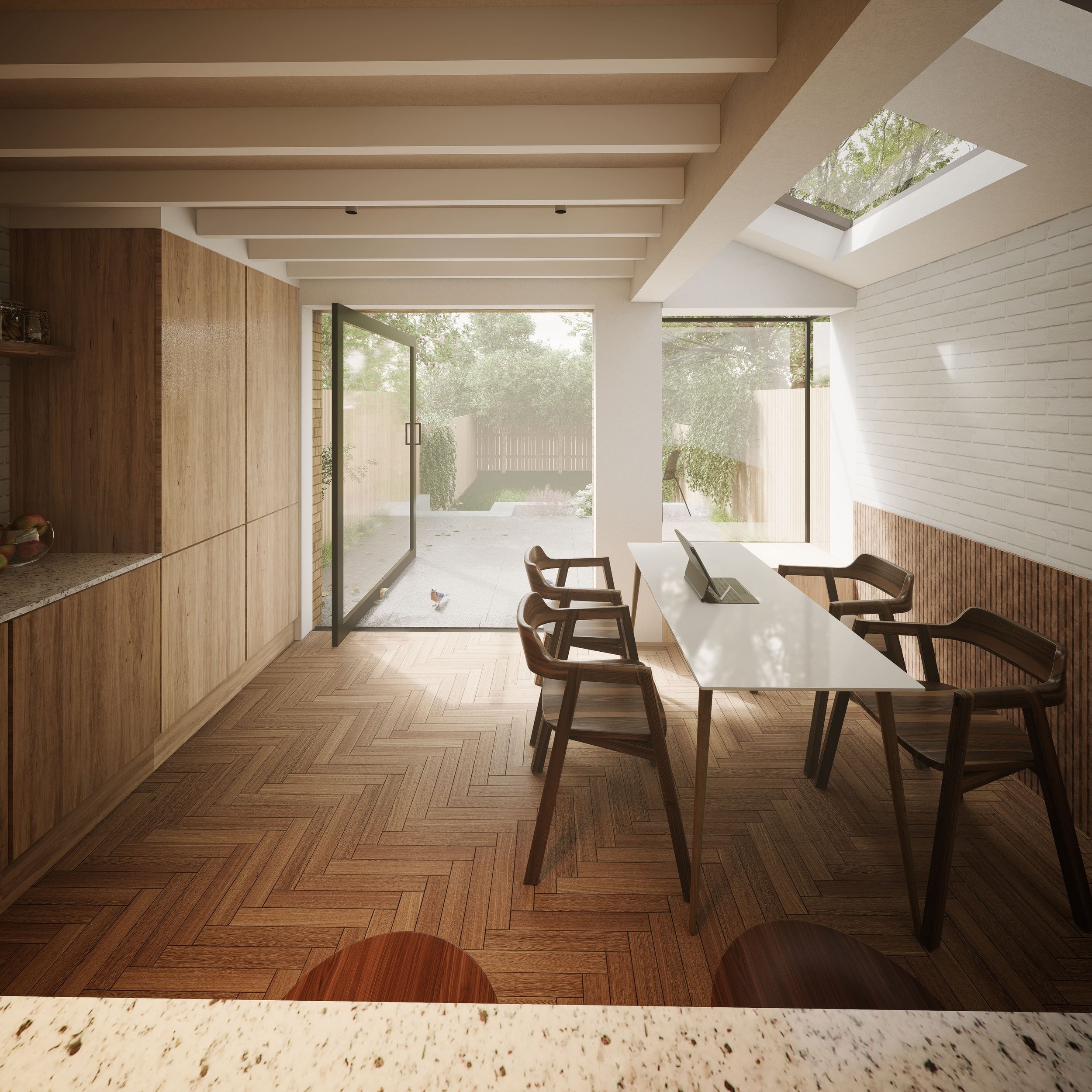 Modern dining room with wooden flooring, a white table, six wooden chairs, white brick wall, large windows, and a sliding glass door opening to a backyard with greenery.