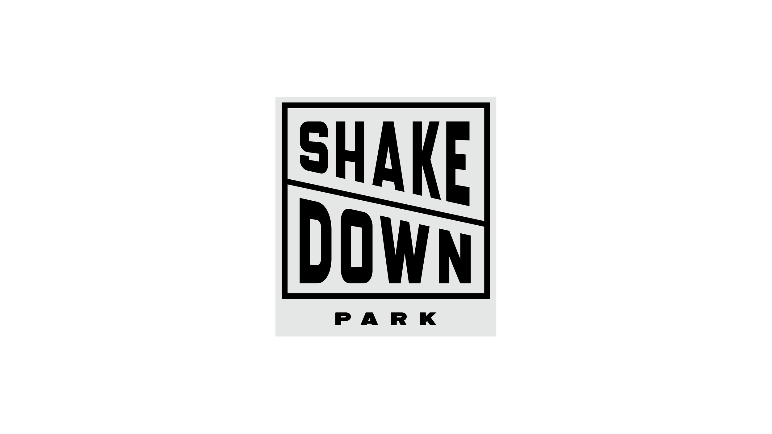 Kuvassa on logo, jossa lukee 'SHAKE DOWN PARK', taustalla musta ja harmaa värejä.