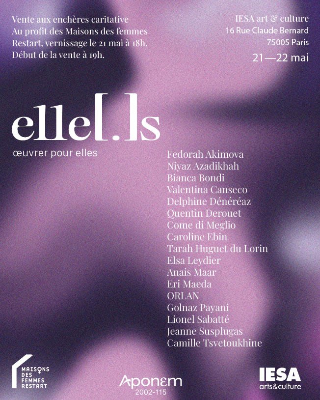 Pink and purple abstract blurred background with white and light purple text about an art exhibition event at IESA in Paris, featuring works by various artists.