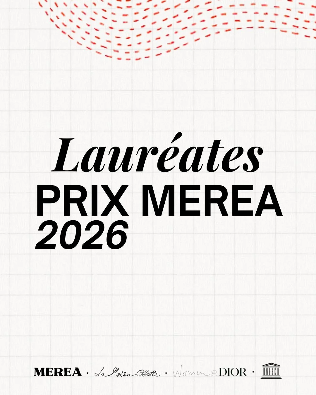 Award announcement for the 2026 Merea Prize winners, featuring the Merea logo, La Maison Colette,Women@DIOR, and UNESCO logos.