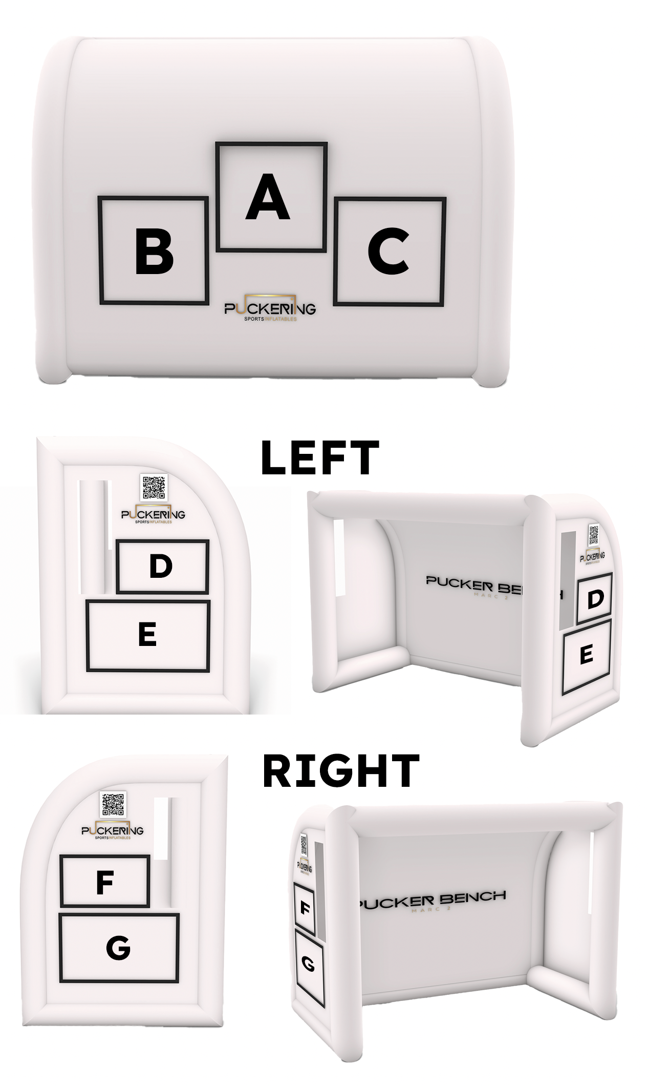 Inflatable sports bench with labeled sections for logos, showing front, left, and right views.