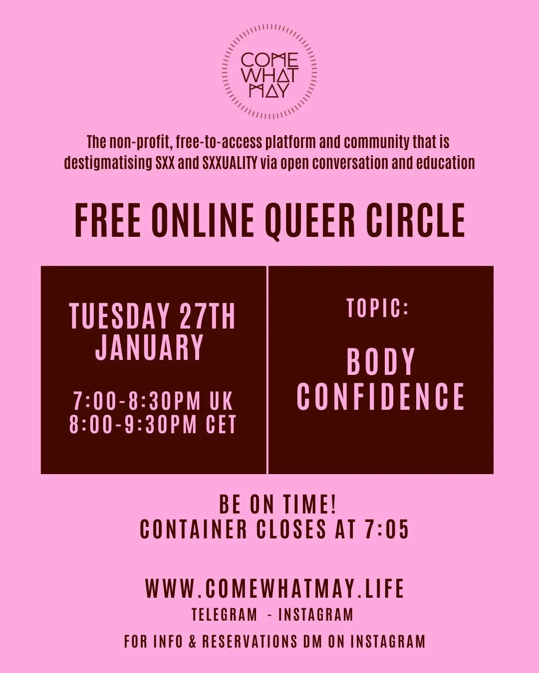 Join us for a Queer Circle on Tuesday.

THEME: BODY CONFIDENCE

Potential Enquiries

1. How do you think media representations of bodies and secsuality affect your own self-image and expectations in intimate relationships?

2. In what ways do you fee