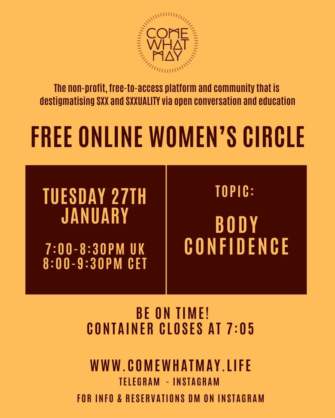 Join us for a Women's Circle on Tuesday.

THEME: BODY CONFIDENCE

Potential Enquiries

1. How do you think media representations of bodies and secsuality affect your own self-image and expectations in intimate relationships?

2. In what ways do you f