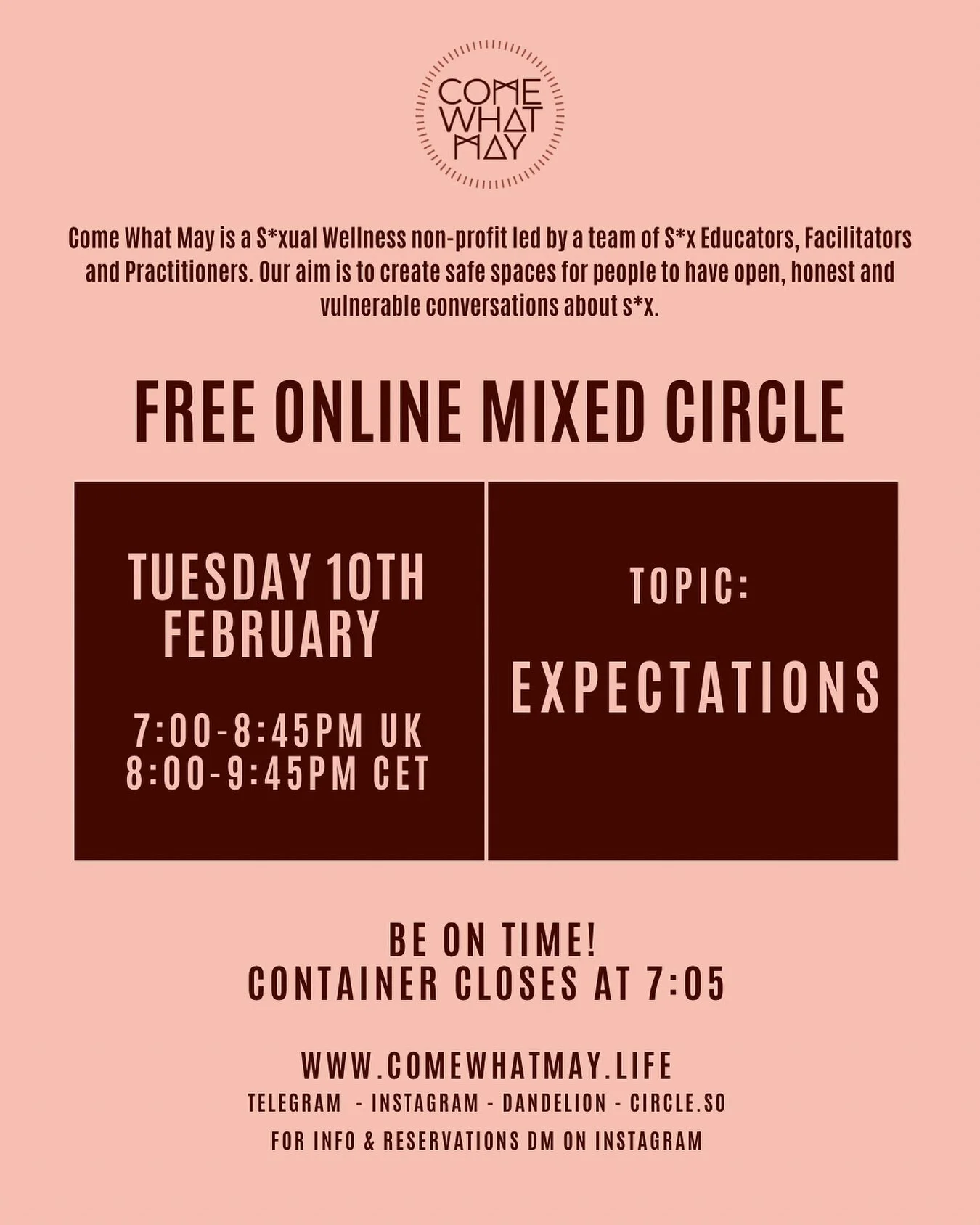 This week&rsquo;s circle invites reflection and exploration of the expectations we might carry into sxual encounters and a curiosity for their origin and impact on our sx life.

Potential Enquiries
~ During sx do you feel, or have you felt an expecta