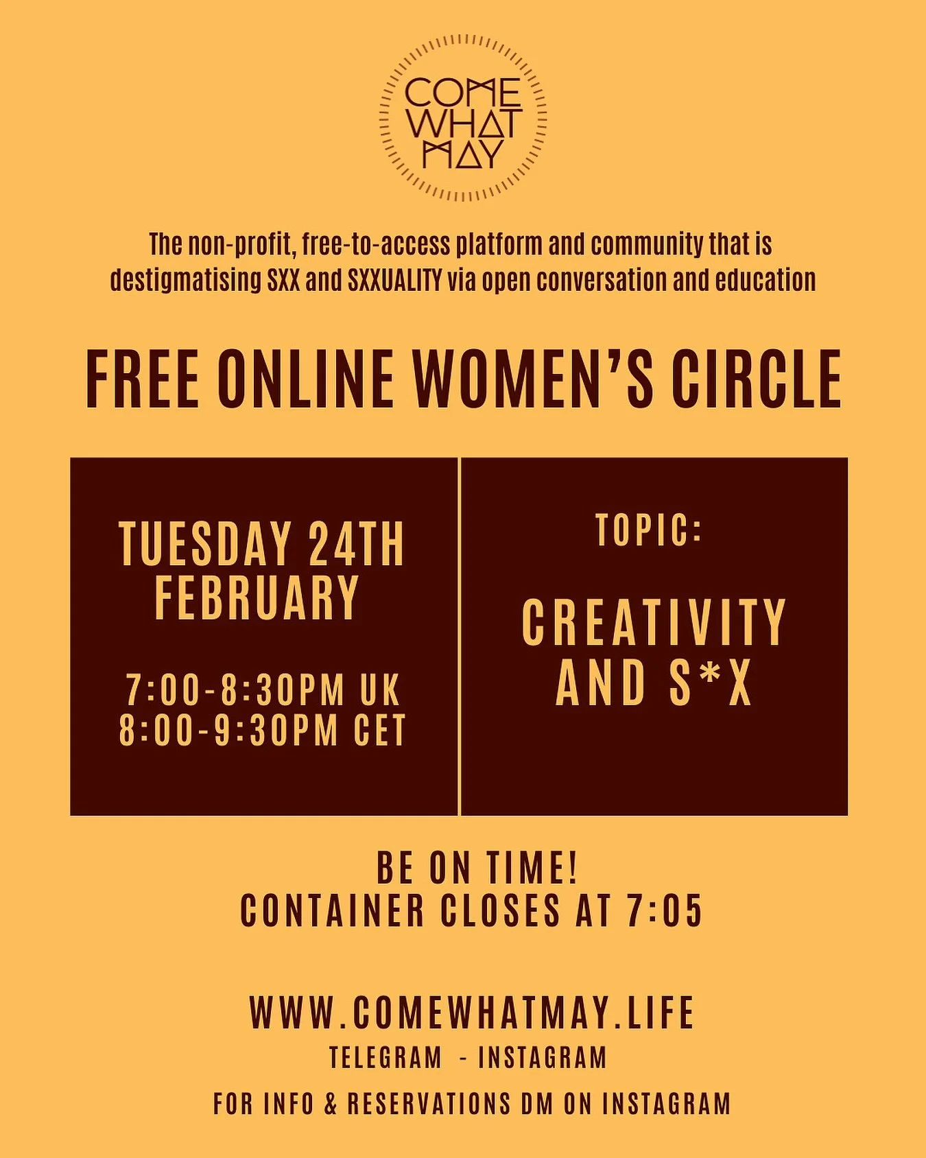 Join us for a Women&rsquo;s Circle on Tuesday&hellip;

THEME: CREATIVITY &amp; SX

We have a lovely topic to explore this week. Come along and feel into how your creativity links with your s@xuality and how you may like to bring even more creative en