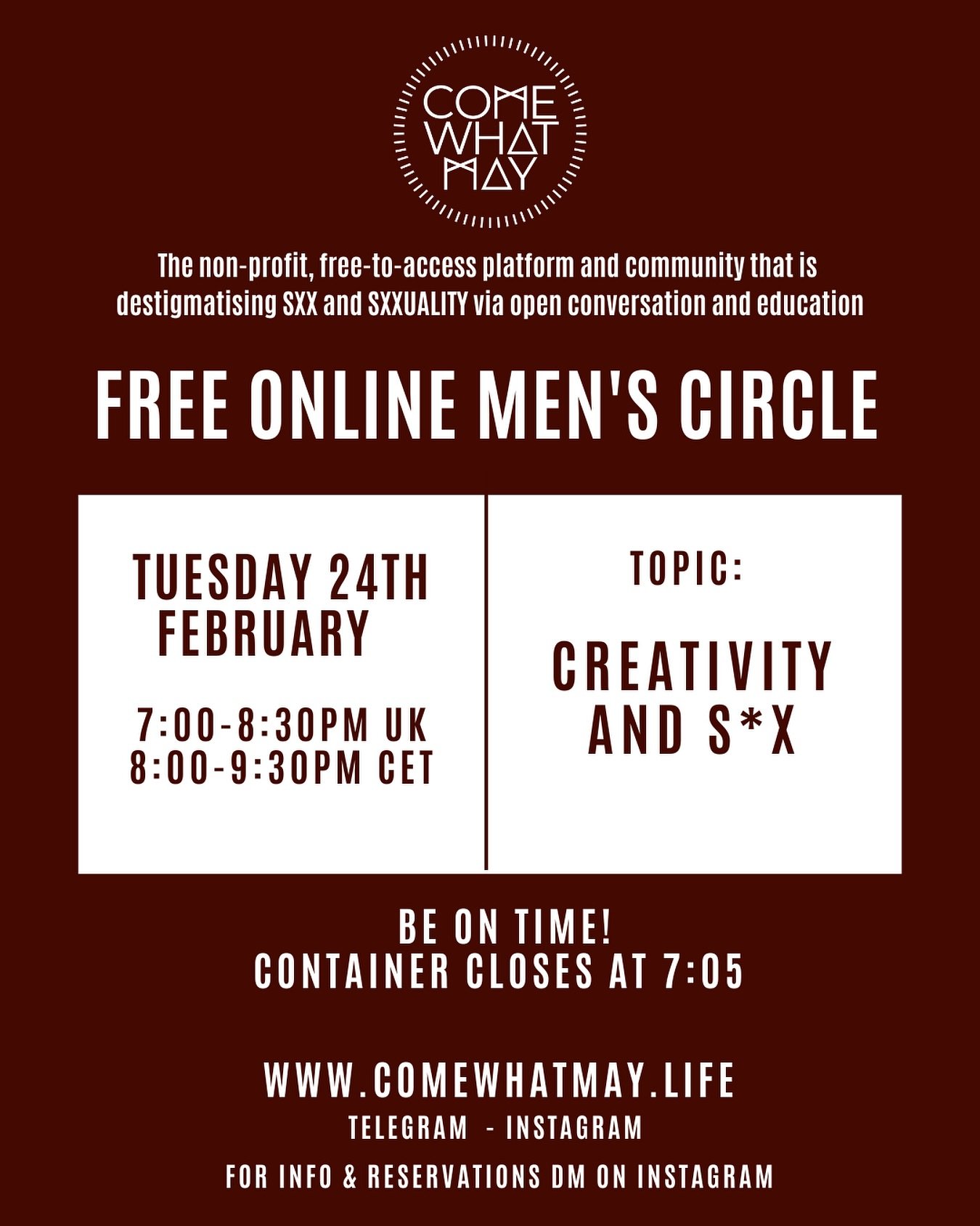 Join us for a Men&rsquo;s Circle on Tuesday&hellip;

THEME: CREATIVITY &amp; SX

We have a lovely topic to explore this week. Come along and feel into how your creativity links with your s@xuality and how you may like to bring even more creative ener